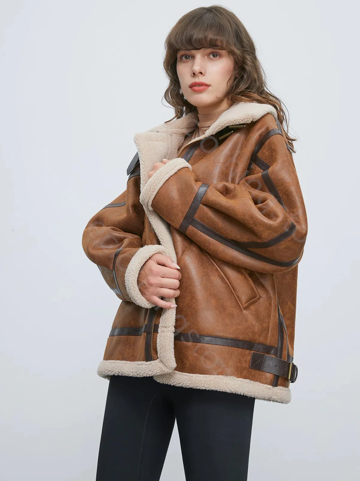 Staple Gun Women's Thick Sherpa Lined Faux Suede Jacket Oversized Moto Biker Coat For Winter 892295