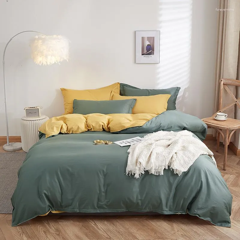 Ensembles de literie Ensembles de literie Housse de couette en coton Drap de lit ajusté Protection de matelas Doux et confortable Ensemble de quatre pièces de couleur unie