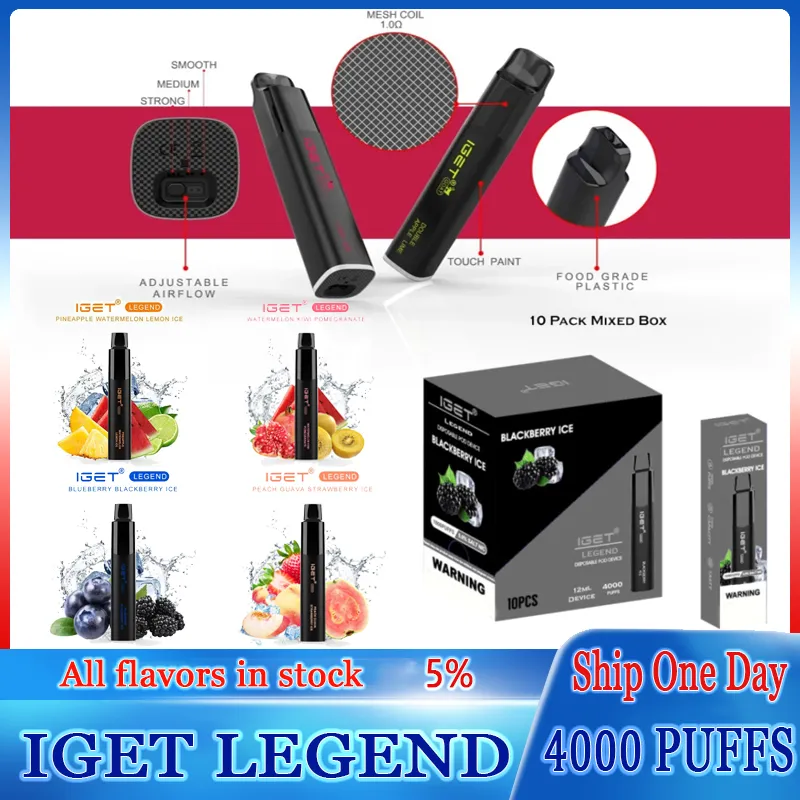 Authentique IGET LEGEND 4000 Puffs 4k vape jetable E Cigarettes Pod Kit de dispositif Puissant 1500mAh Batterie 12ml Cartouche préremplie Vape Pen Original Puff 4000 VS King