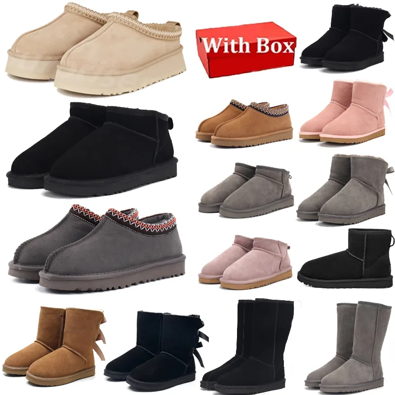 Med Box Australia Designer Women Boots Snow UggSlies Boots Bowtie Tasman tofflor Tazz nu Winter Sheepskin Fashion Ladies Platform Suede Wool Ankel