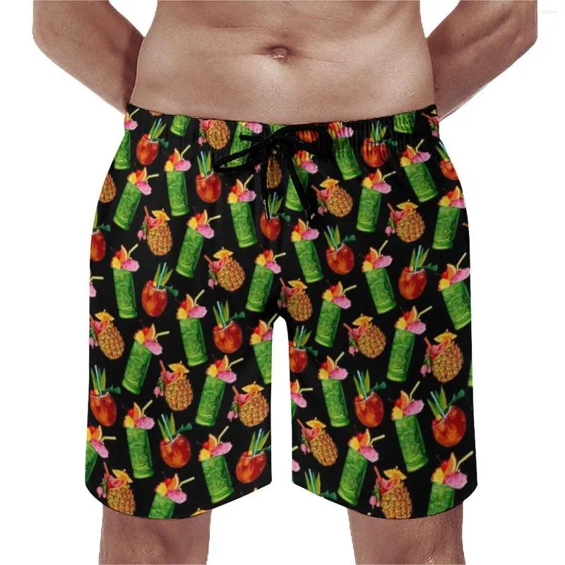 Men's Shorts Pineapple Gym Tiki Cocktail Pattern Classic Beach Graphic Sports Fitness Quick Dry Swimming Trunks Gift