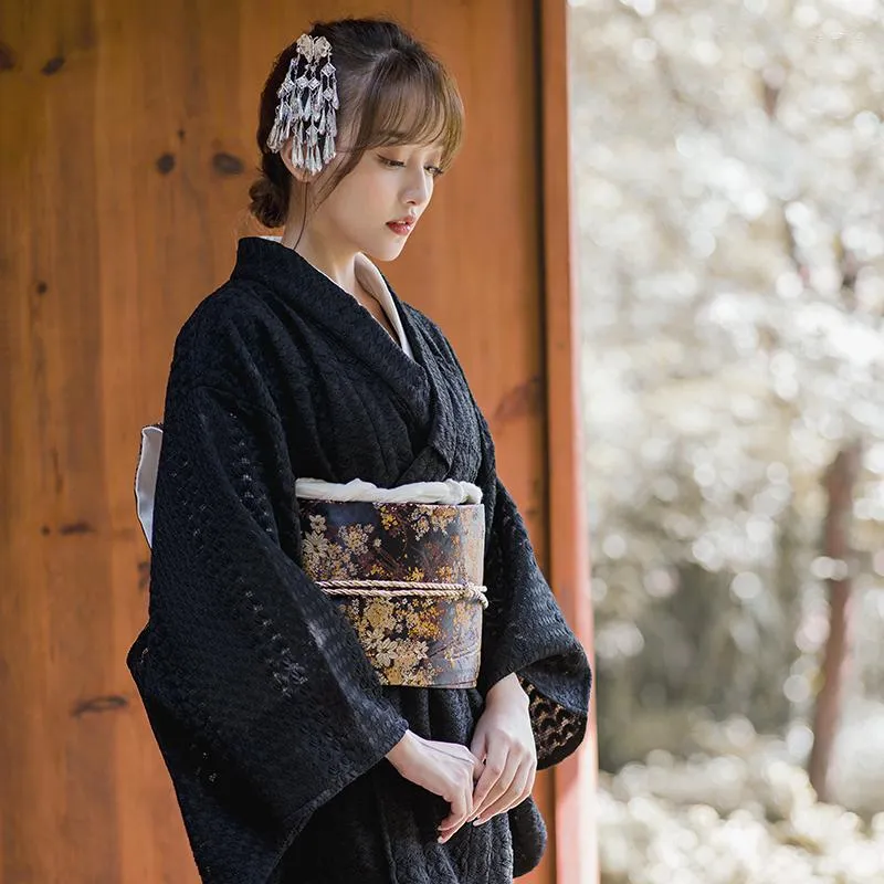 Vêtements ethniques japonais dentelle noire Wabi-sabi Yukata robes vintage améliorées kimono pographie voyage po