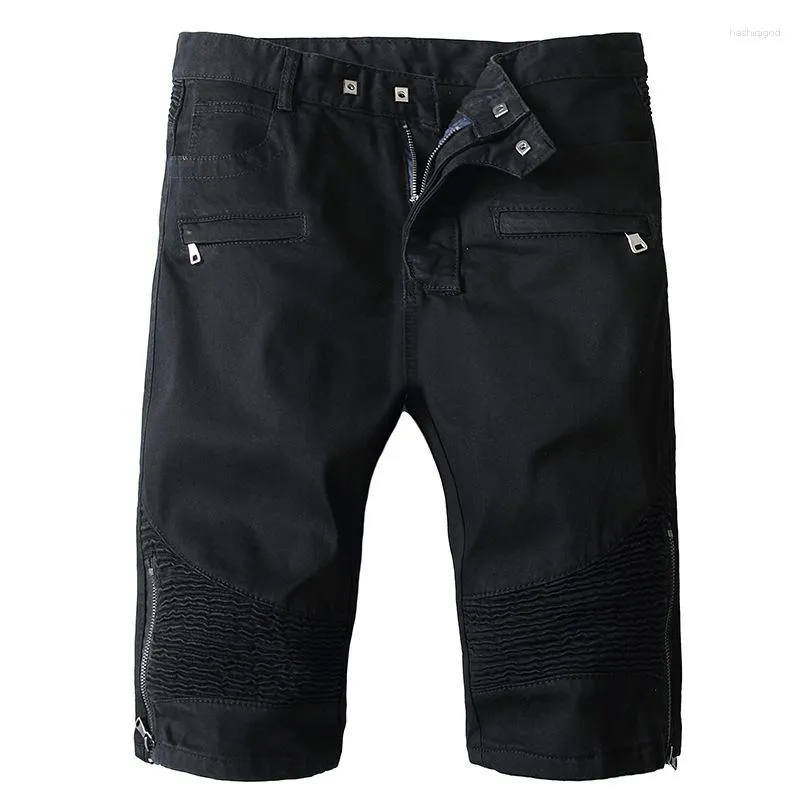 Shorts masculinos verão jean motocicleta motociclista denim com zíperes plissados em linha reta homens preto estiramento jeans calças