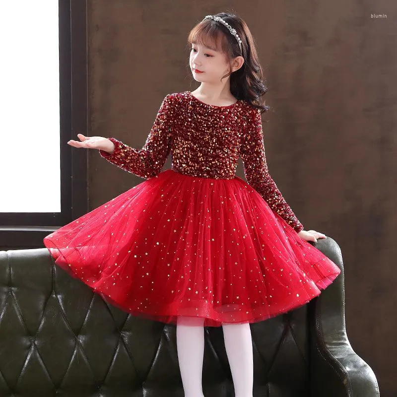Girl Dresses Winter Red Sequined Knee Length Sleeves Kids Junior