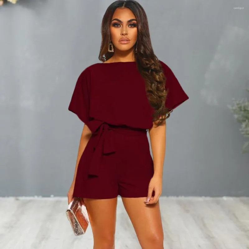 Women's Tracksuits Women Summer Romper Solid Color O Neck Short Sleeves Lady With Belt Tight Waist Dress-up Loose Breathable Female