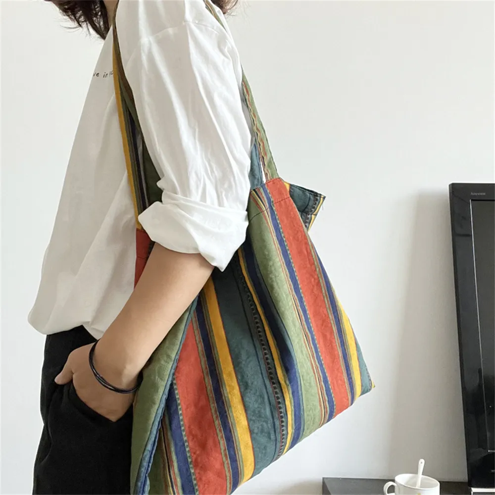 Torby na zakupy Retro damskie torba na ramię tęczowe pasiaste paski lniane eco torebka o dużej pojemności TOTE for Girl