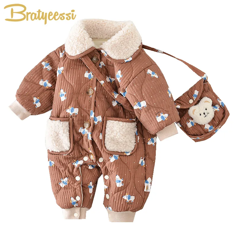 Rompers Fleece Baby Winter Jumpsuits with Bag Bear Korean born Romper for Girls Boys Clothes Thicken Toddler Outfit Set Infant Onesie 230923