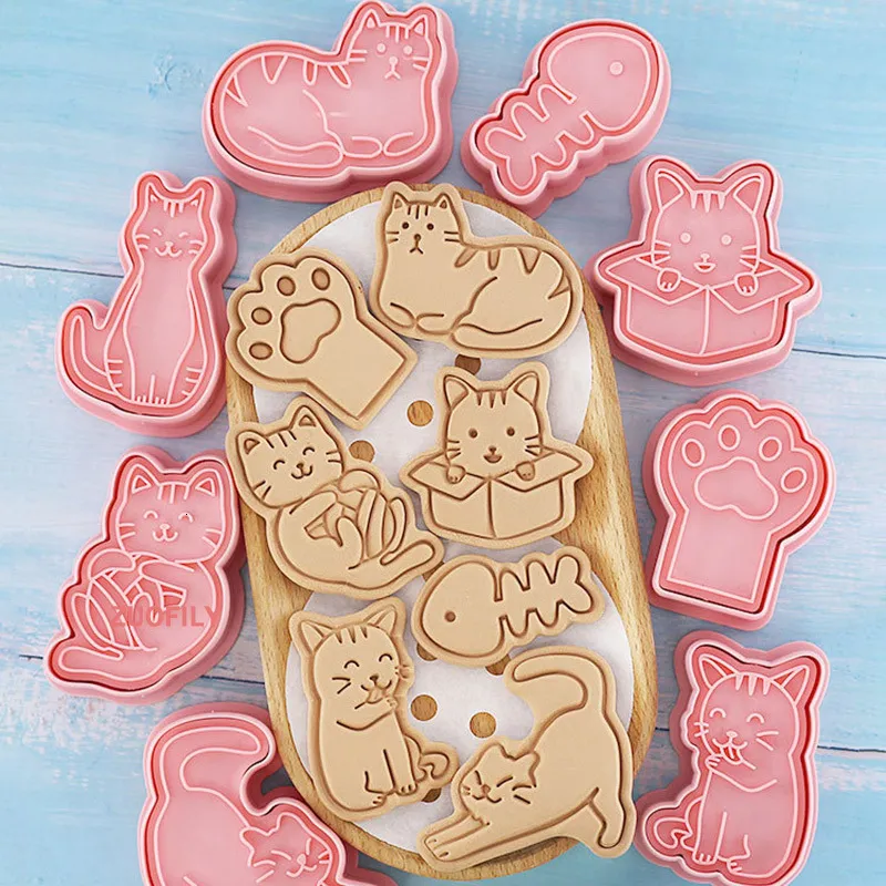 Baking Moulds 8Pcset Cookie Cutter Stamp Cat Shape Mold Pastry for Biscuits Animal Run Kingdom Type Cake Decor cookie cutters 230923