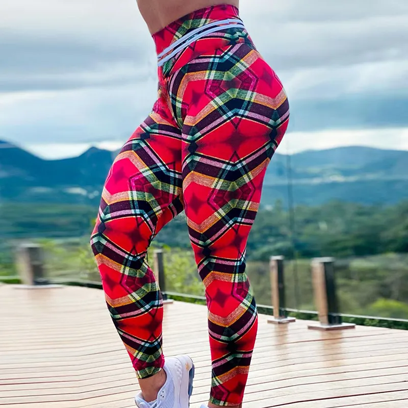 Plaid Digital Printed Running Leggings Fitness Women Yoga Pants High Waist Sexy Elastic Leggins Fashion Stretch Gym Trousers