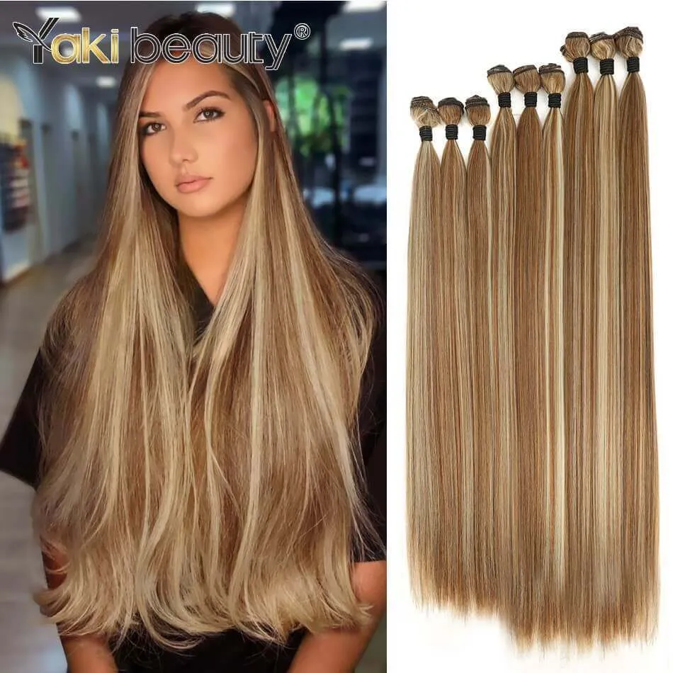 Cabelo Humano Bulks Osso Sintético Cabelo Liso Pacotes 9 Pçs / Set Super Longo Extensões de Cabelo Fibra Orgânica 300G Yaki Cabelo Liso Tecer Completo para Finalizar 230925