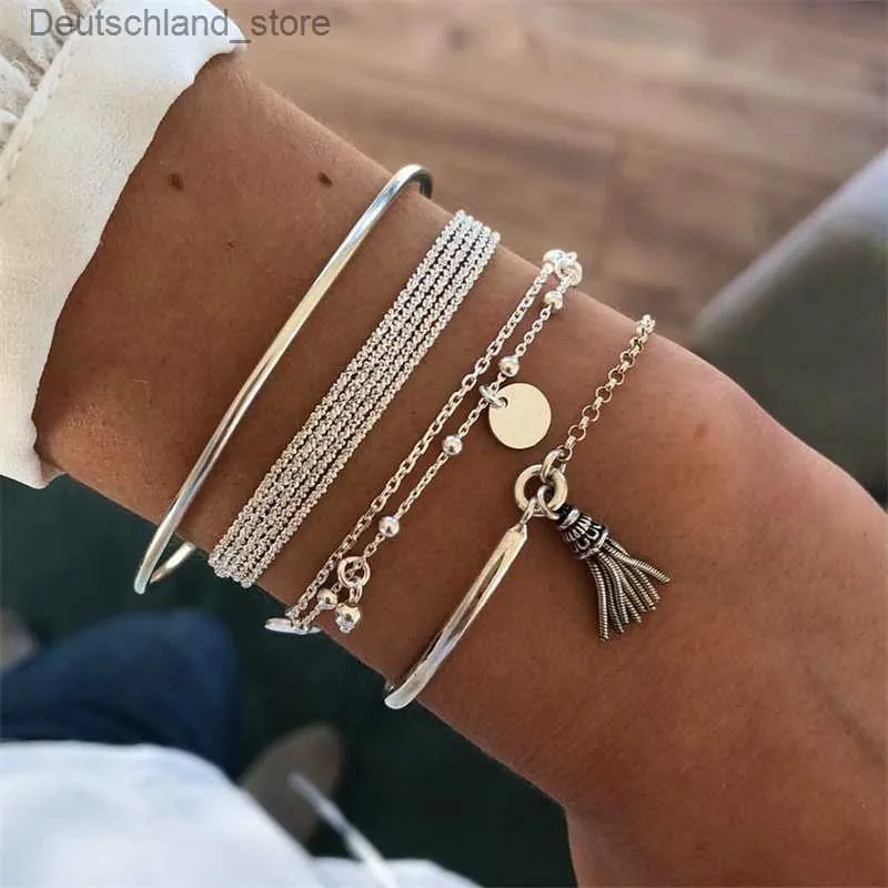 Charm Bracelets NEW Set Bohemian Silver Color Tassel Round Bracelet Set for Women Multilayer Pendant Bracelet 2020 Fashion Jewelry Q230925