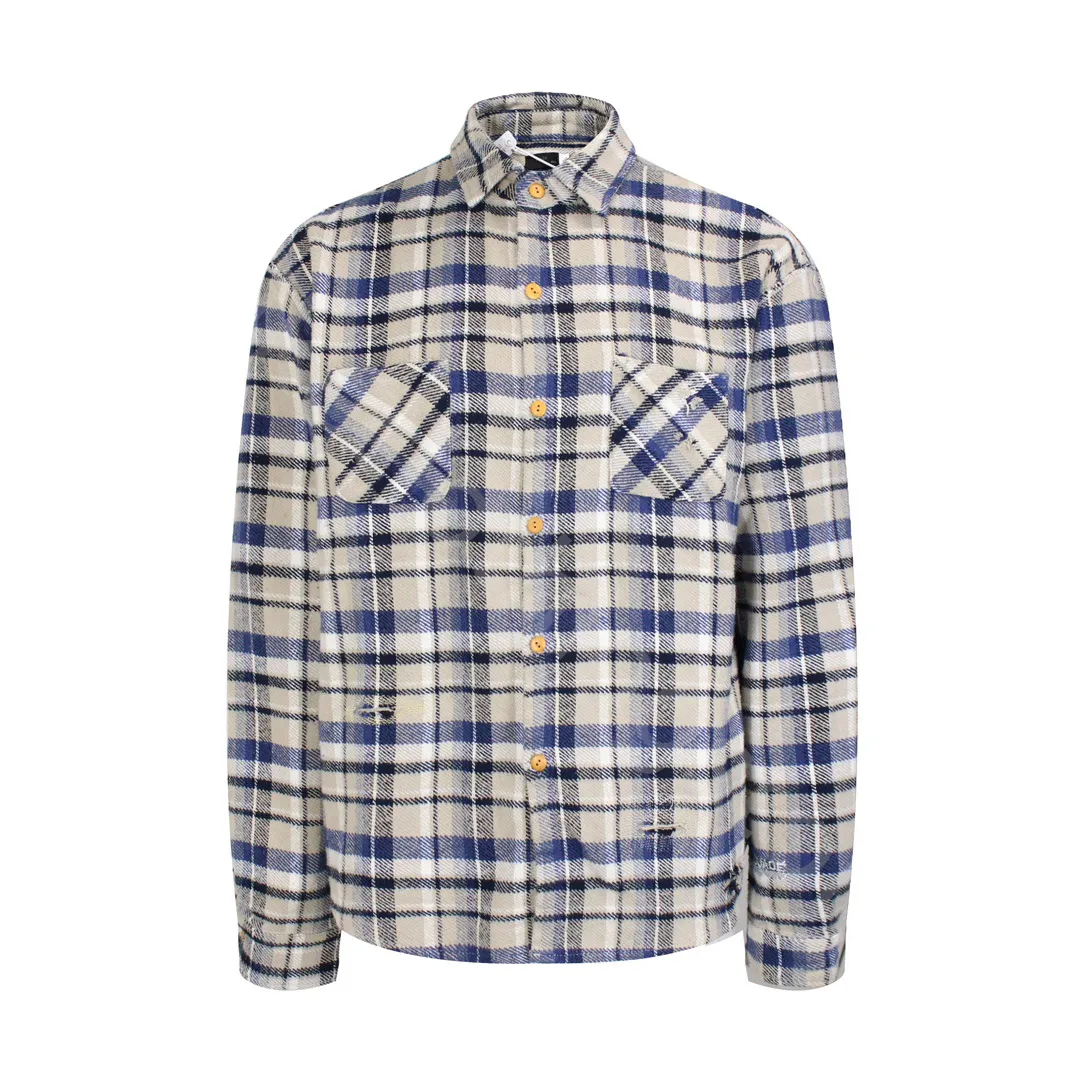 Shirts New Men's Plaid Shirt Flannel High street destruct plaid casual shirt jacket Autumn Male Regular Fit Casual LongSleeved Shirts