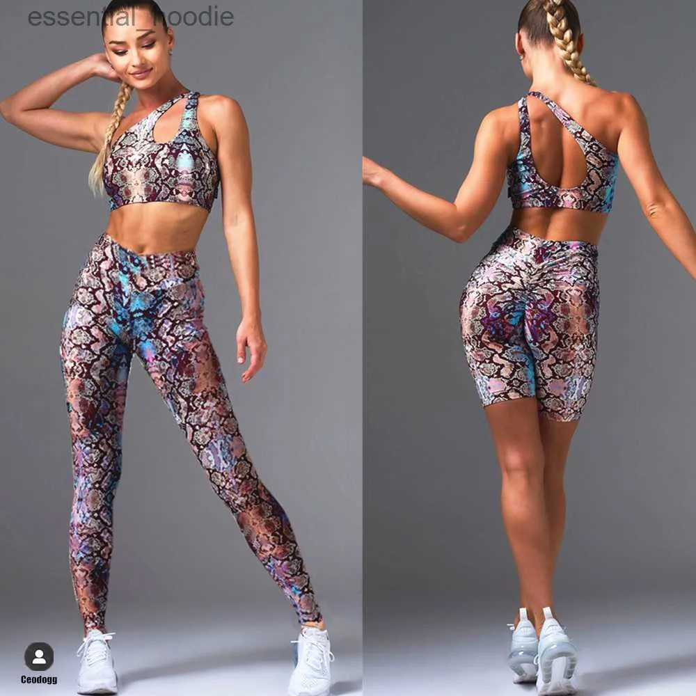 Women's Tracksuits 2023 Snake Skin One Shoulder Belly Sport Bra Women Yoga Sets Gym High Waist Cross Yoga Pant Fitness Leggings Exercise ActiveSuit L230925