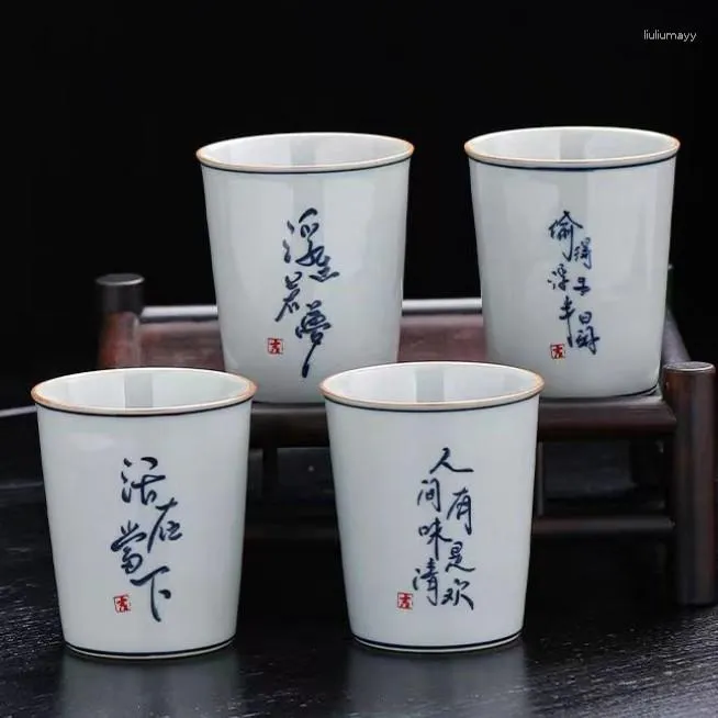 Tasses soucoupes rétro tasse à thé bleu et blanc pavillon des orchidées préface tasse à thé personnelle manuscrite grand glaçage bleu-gris évasé