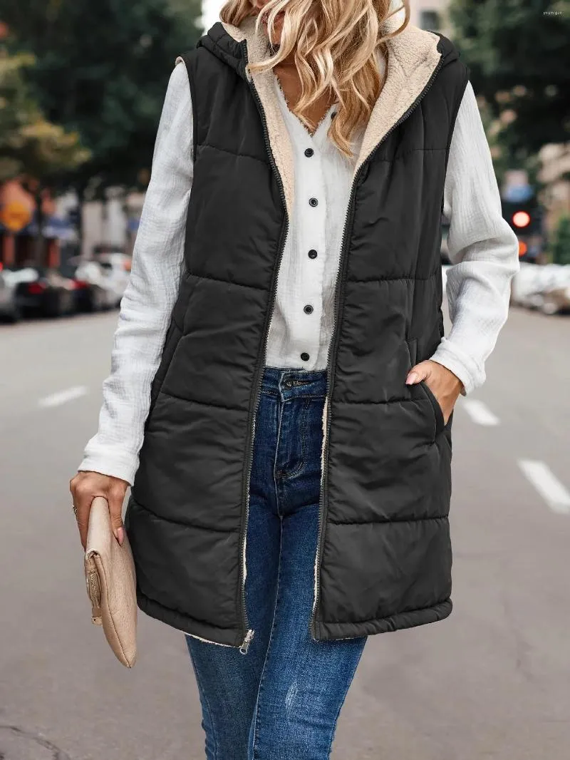 Gilet da donna Abbigliamento fronte-retro Gilet senza maniche vintage da donna Autunno Inverno Cappotto in pile da donna Capispalla casual caldo Gilet con cappuccio