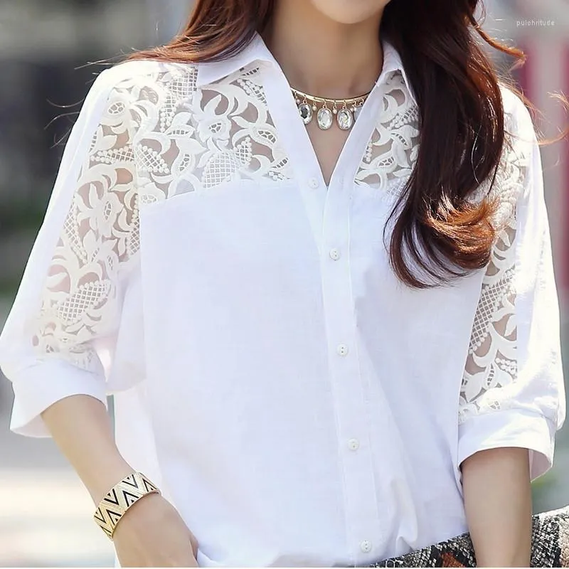 Kvinnors blusar Chiffon Hollow Out Shirt Spring/Summer 2023 Large Fat Mm 5/4 Sleeve Loose White Top