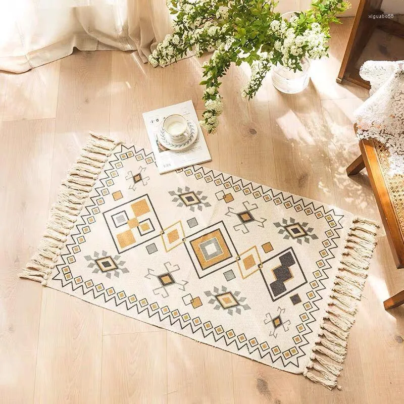 Tapetes de algodão quarto tapete de linho cobertor piso decorativo tapeçaria retro mão tapete boêmio área tecida tassel