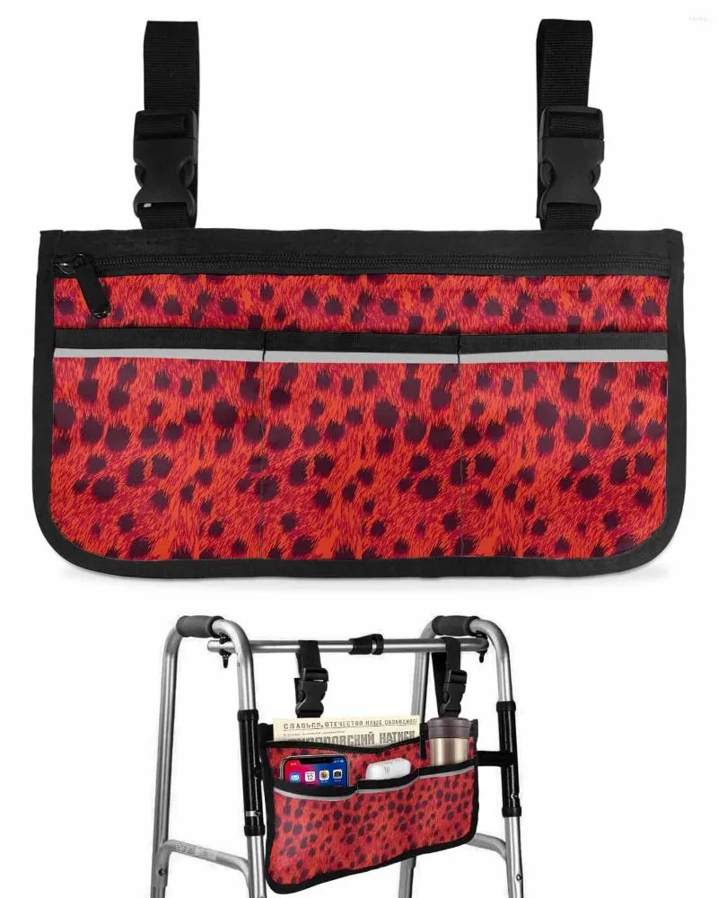 Bolsas de almacenamiento Bolsa de silla de ruedas con patrón de leopardo rojo con bolsillos Tiras reflectantes Apoyabrazos Lado Scooter eléctrico Bolsa de marco para caminar