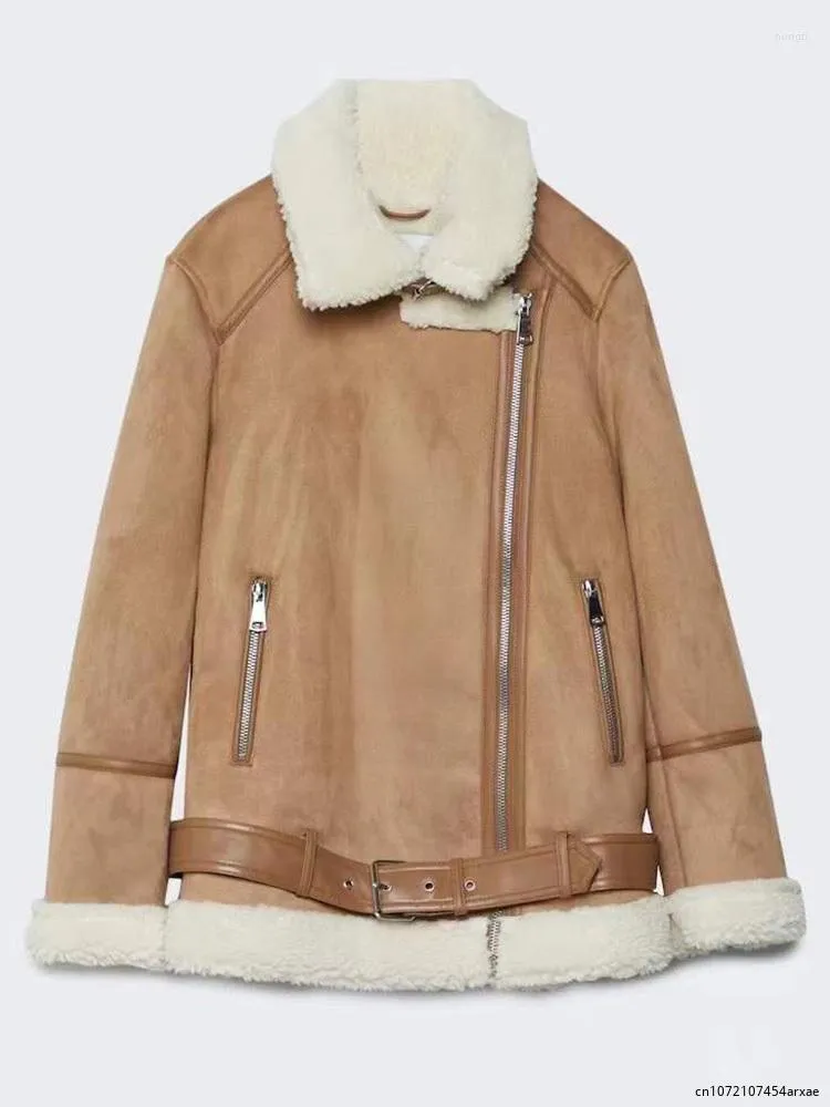 Veste en cuir pour femme, automne hiver, Faux daim d'agneau, Streetwear femme Moto Biker, manteau ample épais chaud, vêtements d'extérieur