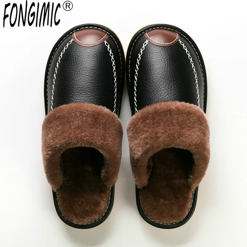 Slippers Men Winter Leather Slippers Bedroom Cotton Slippers Male Waterproof Thick Plus Velvet Indoor Warm House Home Slippers Shoes 230925