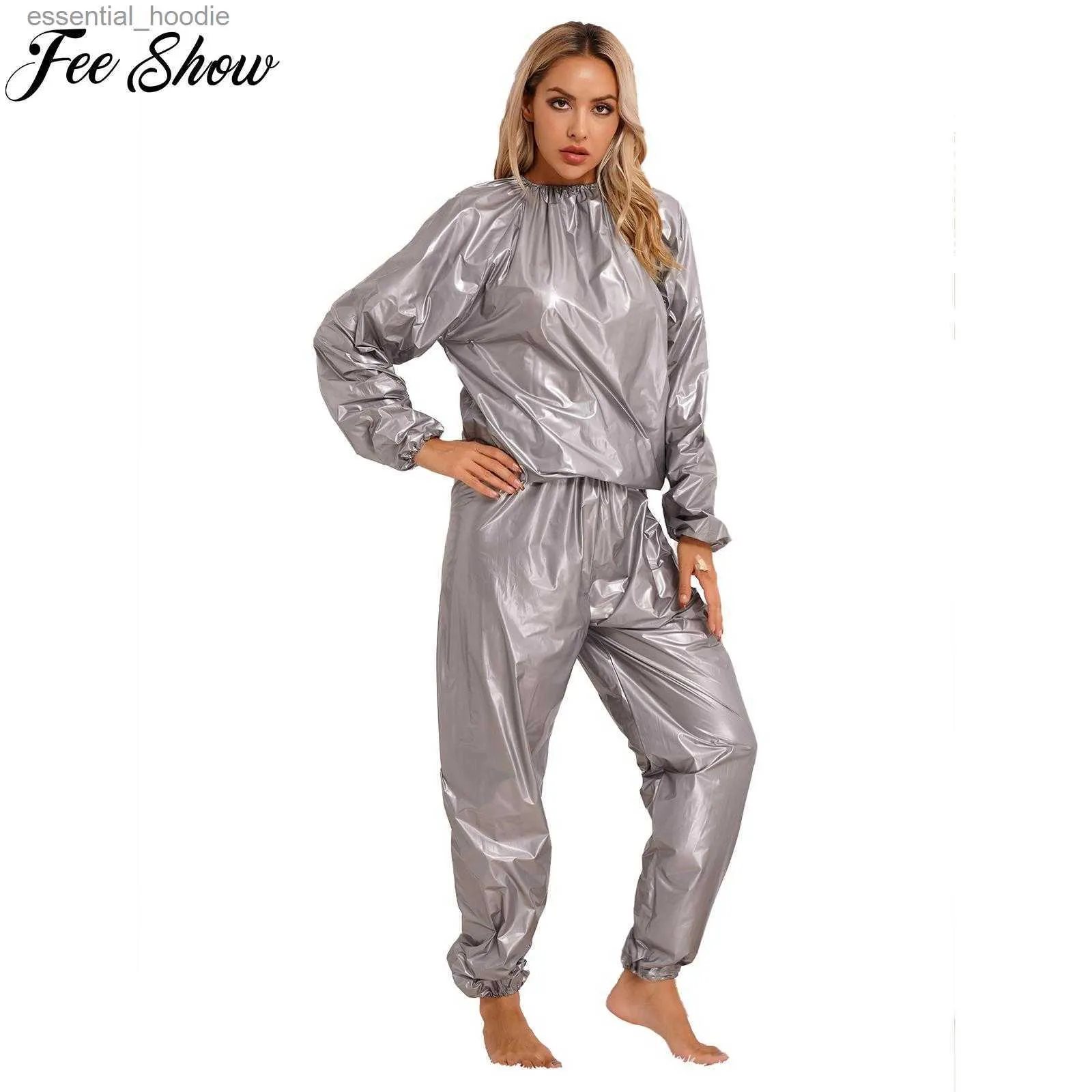 Survêtements pour femmes PVC Sauna Costume à manches longues élastique manchette haut pantalon ensemble perte de poids sueur costume minceur fitness gym costume d'entraînement pour hommes et femmes L230925