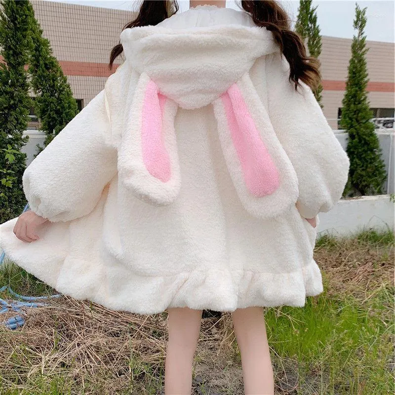 Kvinnorjackor 2023 Autumn Winter Women Lamb Wool in Cold Long Sleeve Hooded Jacke Ears Zip Up Cardigan Coat Plush Warm Ruffles