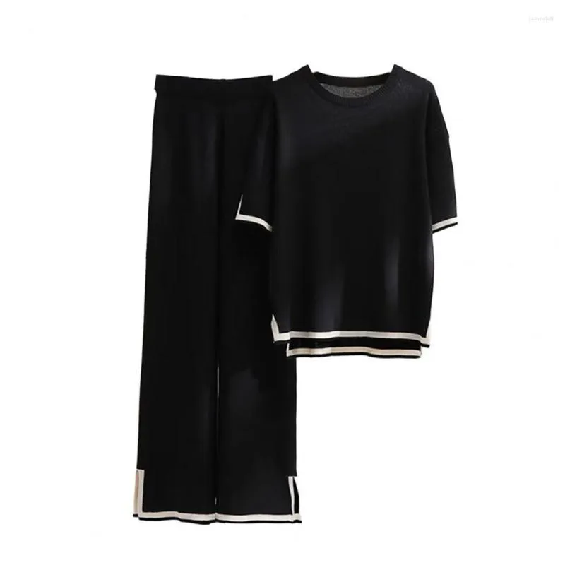 여자 2 피스 바지 2 PC/세트 여성 티셔츠 세트 분할 느슨한 캐주얼 대비 컬러 짧은 소매 탄성 허리 와이드 다리 여름 복장 -117