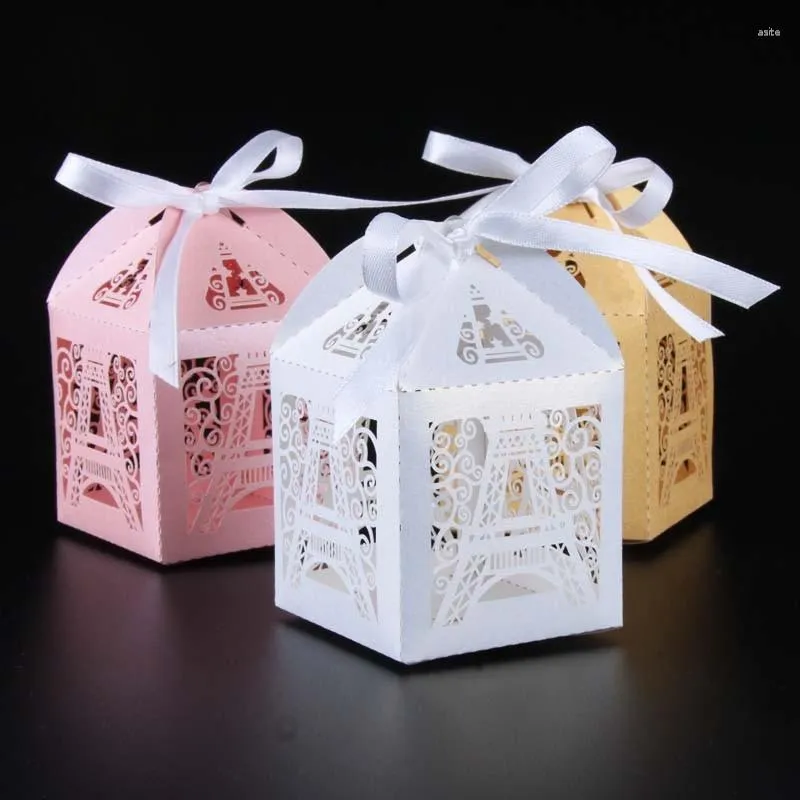 Envoltura de regalo 50 unids Torre Eiffel Cajas de dulces de boda Baby Shower Party Supplies Hollow Out Contenedor de embalaje