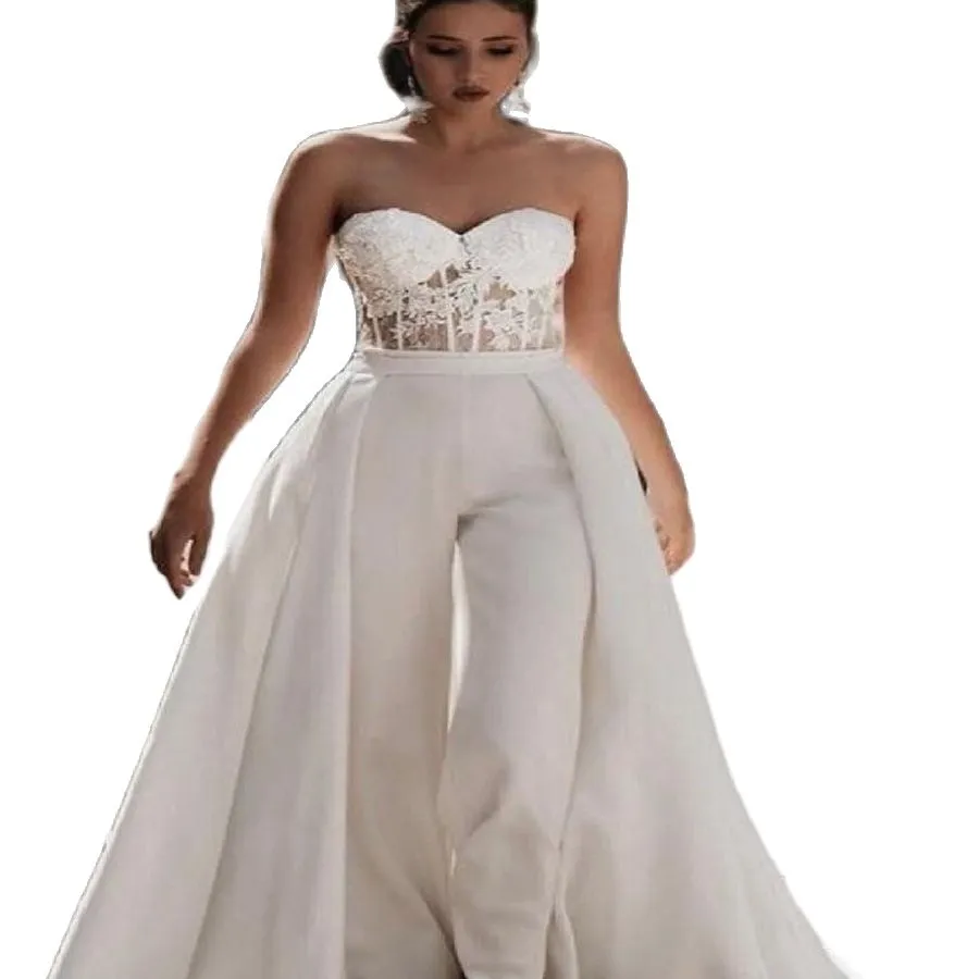 Tuta Da Sposa Bohémien Con Gonna Rimovibile, Applique In Pizzo