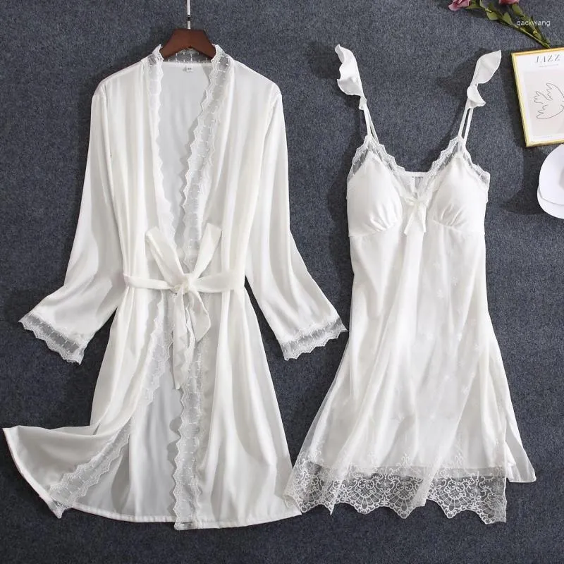 Abito da notte da donna in pizzo bianco da sposa, damigella d'onore, abito da sposa, set da donna, kimono estivo, accappatoio, abito da notte casual allentato, abito da casa sexy