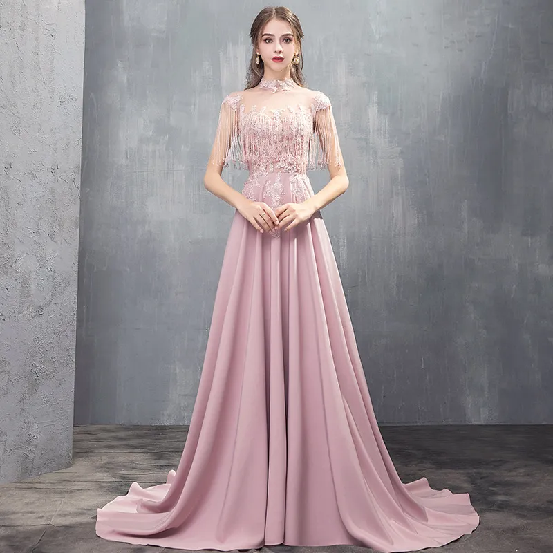 2023 new Mother Of The Bride Dresses satin Pink beaded tassels high Neck Illusion Lace Appliques Flowers Chiffon Party Evening Wedding Guest Gown plus size prom