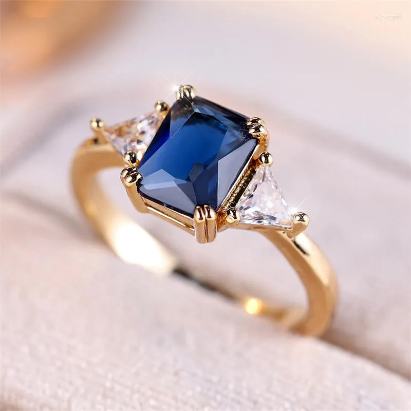 Обручальные кольца, прямоугольные кольца с королевским синим камнем, античное золото, квадратный циркон, помолвка для женщин, ювелирные изделия на день рождения, подарок