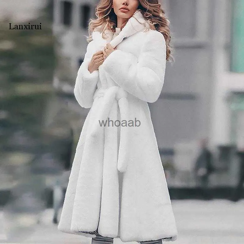 Damesbont Nepbont Bontjas van imitatiebont, lange winter, dikkere witte jas, veters, effen kleur, slank, lang, pluche, nepbont, capuchon, warme jas, nieuwe mode YQ230925