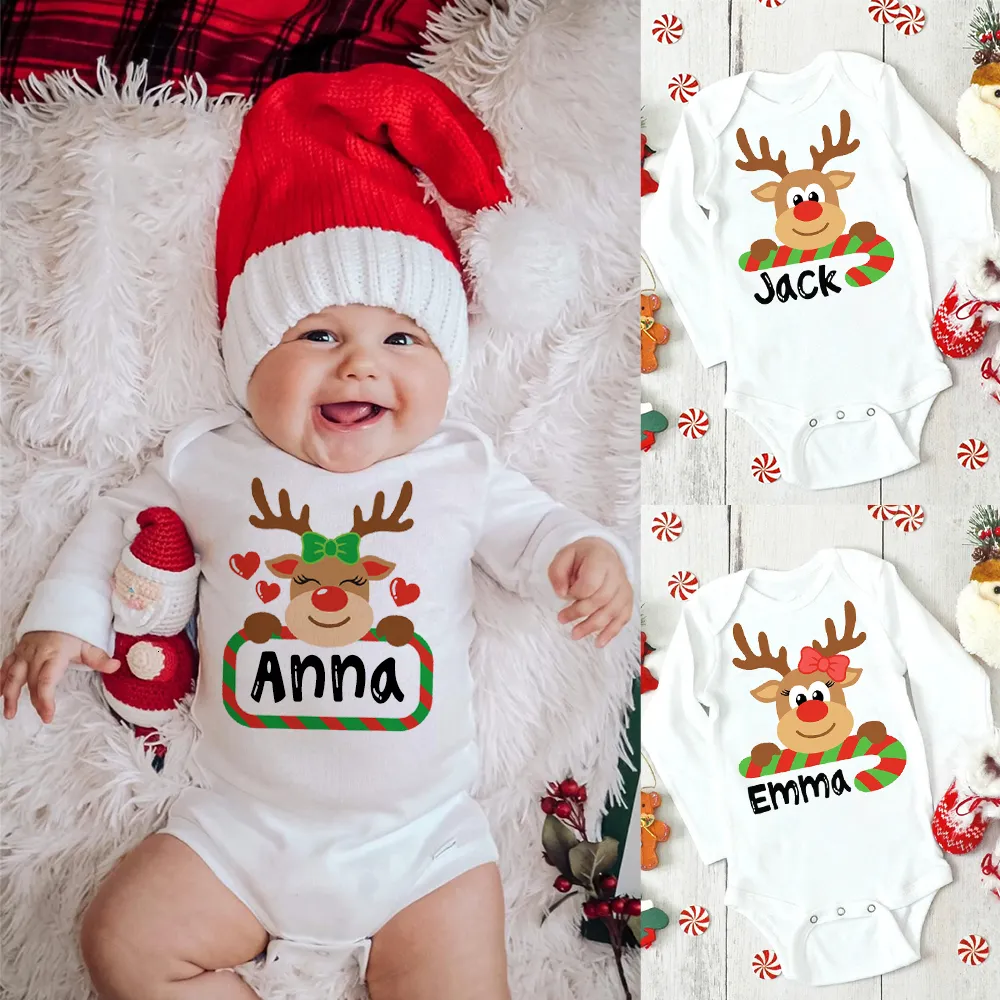 Rompers Custom Name Baby Christmas Bodysis Spersonalizowane jelenie Ubrania urodzone chłopcy dziewczęta kombinezon z długim rękawem Karabinowy imprezę