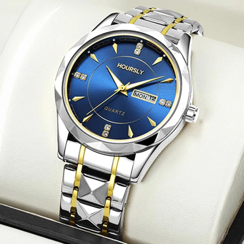 Armbanduhren Luxusuhr Blau Gold Männer Kalender Diamant Hip Hop Mann Quarzuhren Wasserdichte Geschäftsuhr Männlich Relogio Masculino