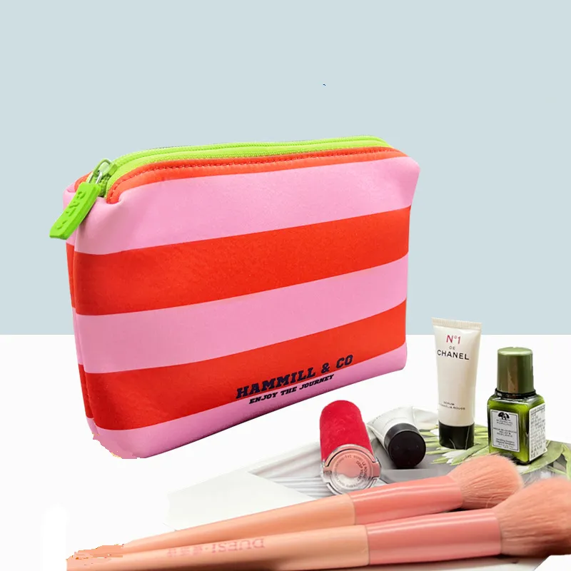 DHL100pcs Cosmetic Case Women Neoprene Red Striped Large Capacity Waterproof Protable Breathable Storage Bag