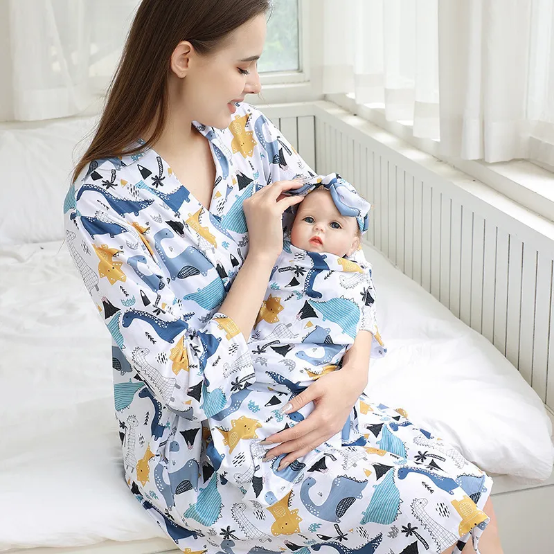 Sleep Lounge Pregnant Sleepwear Mother-To-Be Pregnancy Pajamas Baby Swaddle Wrap Blanket Headband Hat 4 Pcs Set Mom Nursing Nightgown Dress 230923