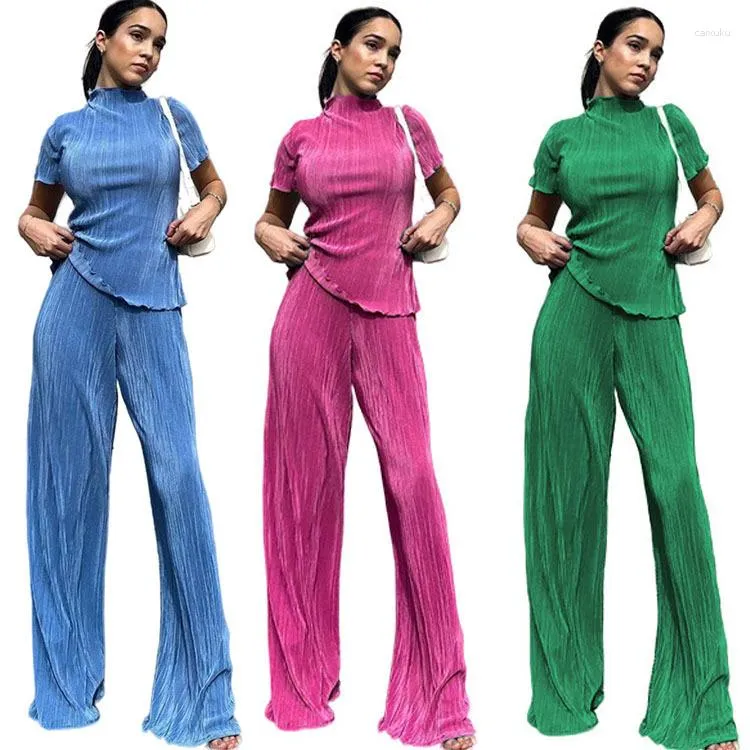 Women's Two Piece Pants Women Solid Set Leisure Short Sleeve Strand Collar Fold Tie Top Loose High Waist Straight Leg Trousers Ladies Suit