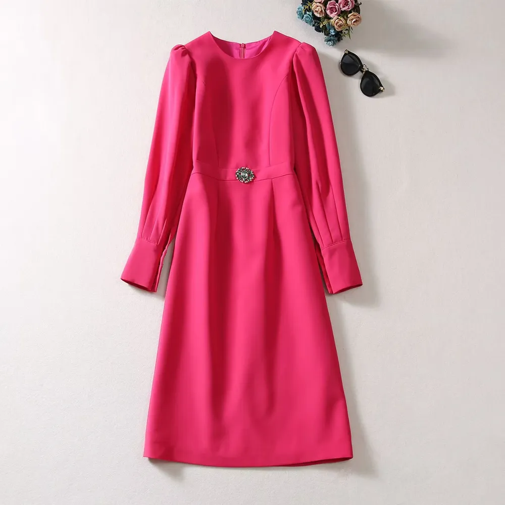 2023 Autumn Rose Red Solid Color Dress Long Sleeve Round Neck RhinestoneMidi Casual Dresses A3S15