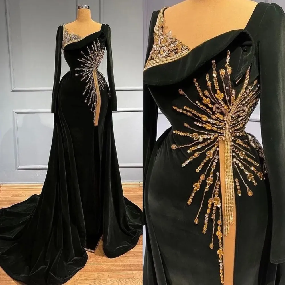 Robes de soirée vert foncé robe de soirée de bal formelle sirène chérie à manches longues velours perlé cristal nouveau personnalisé grande taille fermeture éclair à lacets