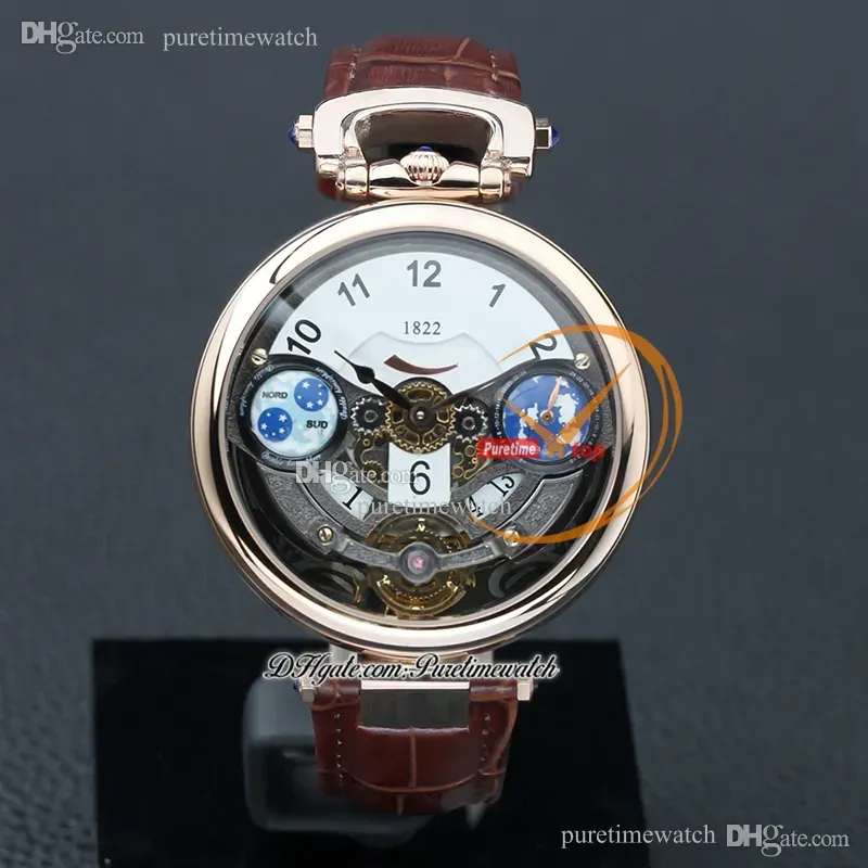 1822 Ottantasei Tourbillon Montre à quartz suisse pour homme Boîtier en acier or rose 18 carats Cadran squelette blanc Bracelet en cuir marron Montres Puretime Z01B2