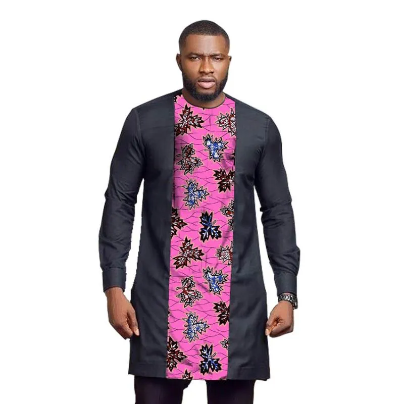 Mens Dress Shirts Nigerian Print Long Black Patchwork Tops African