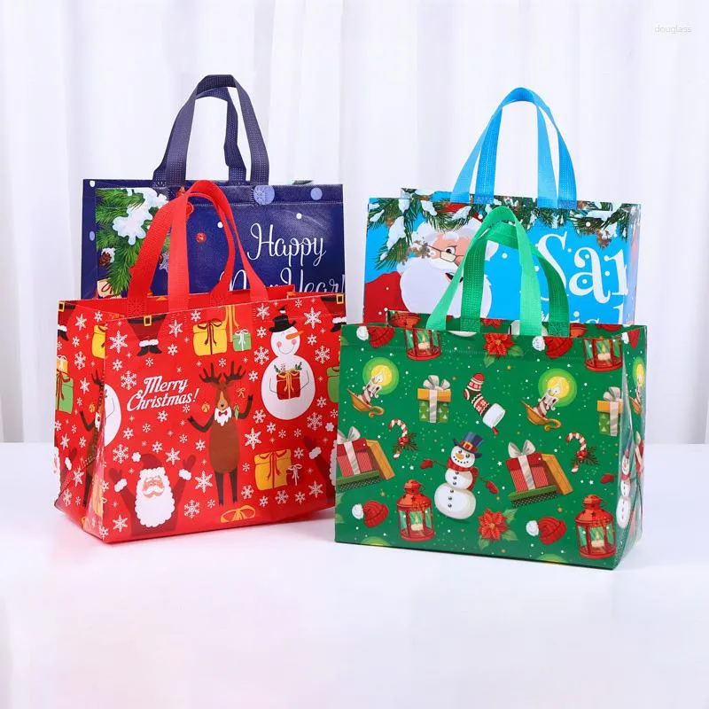 Present Wrap 4st Christmas Bag Xmas icke-vävda tygväskor med handtag Santa Claus Treat Party Supplies Year Noel