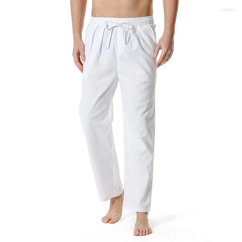 Calças masculinas moda mens algodão linho elástico cordão cintura lounge casa 2023 marca branco homens yoga praia verão calças