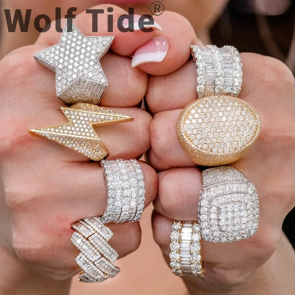 Hip Hop Cubic Zirconia Pentagrama Anel de Dedo Masculino Iced Out Gold Bling Baguette Anéis de Diamante para Mulheres Homens Namorado Casamento Estético Joias Bijuterias Presentes