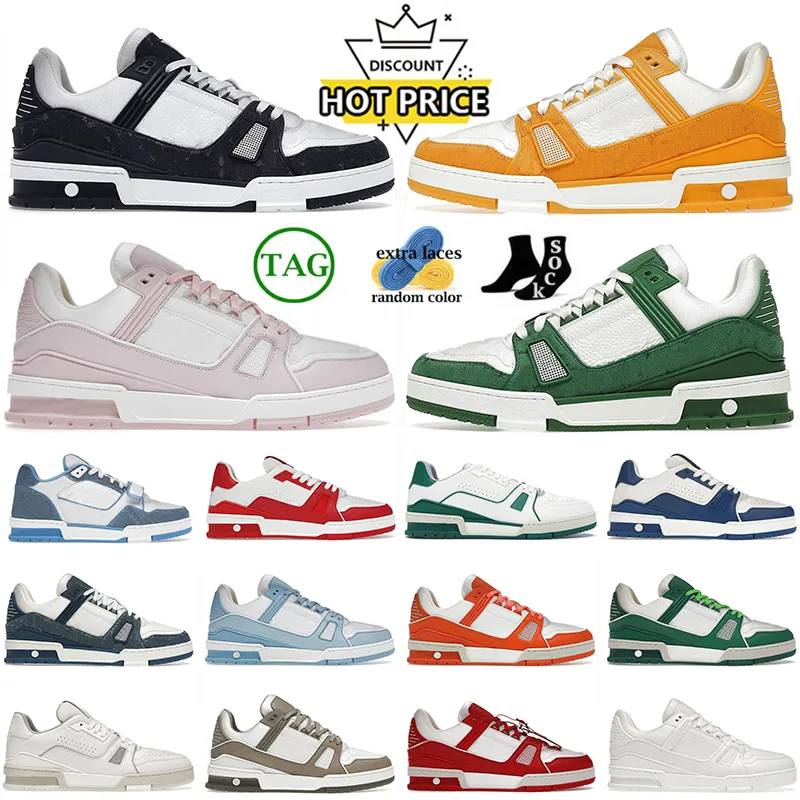 2023 AAA+ Qualidade Mulheres Menções Designer Sapatos Rosa Monogramas Denim Virgílio azul Abloh Abloh White Black Calfskin Leather Trainer Luxury Casual Sneakers Low Sneakers