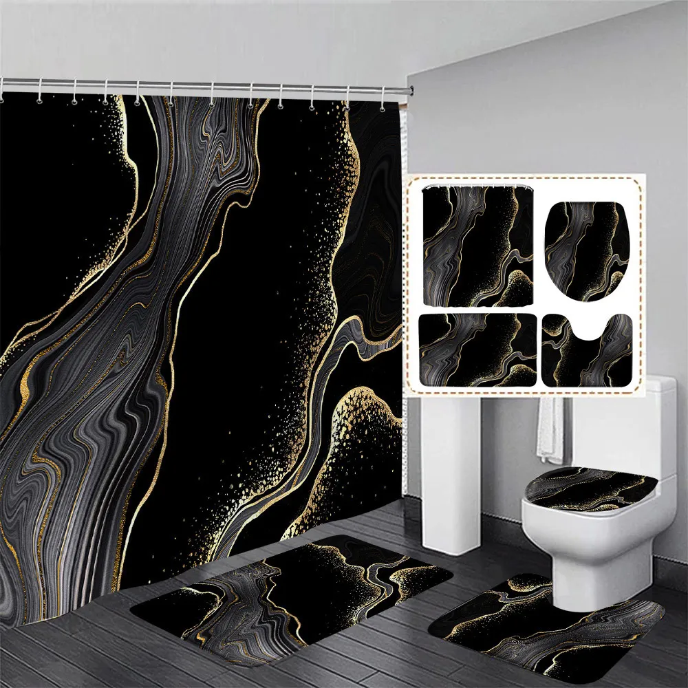 Shower Curtains Black Marble Shower Curtain Set Gold Lines Abstract Textured Pattern Modern Bathroom Decor Non-slip Rug Bath Mats Toilet Cover 230925