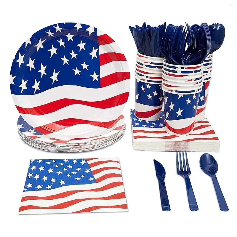 Disposable Dinnerware Tableware Kit Decoration Set USA Flag16pcs Paper United States Plates Napkins Cups For Festival Party Supplies