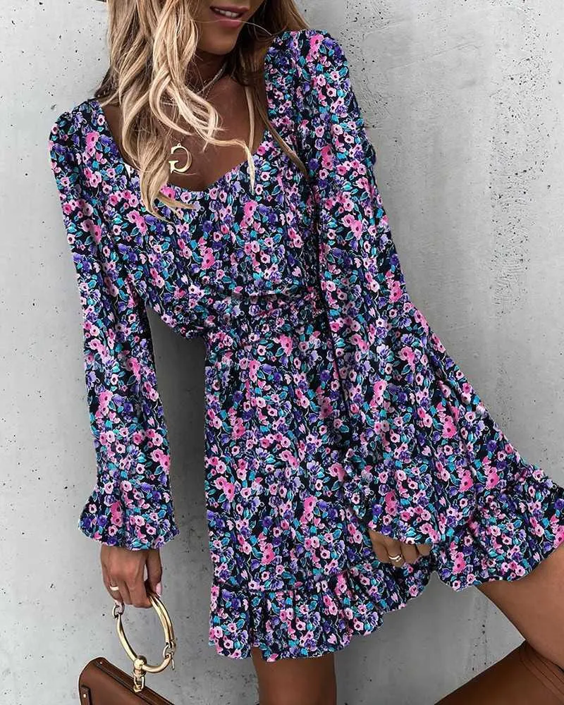 Podstawowe sukienki swobodne Elegancka kwadratowa kołnierz Backless Seksowna mini sukienka Autumn Spring Long Rleeve Ruffle Aine Boho Women Floral Print Party Dres