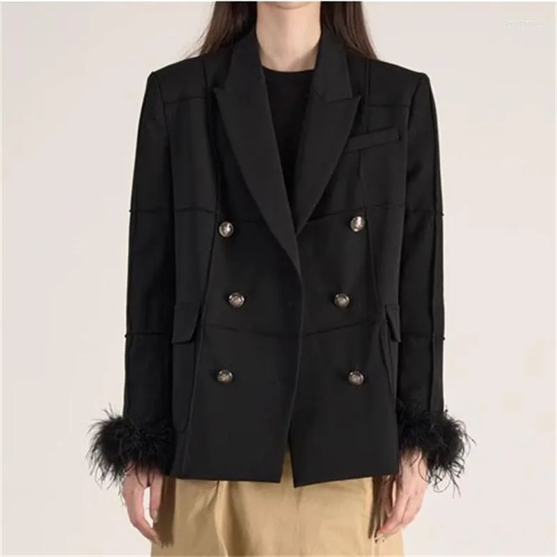 Costumes pour femmes Blazer Femme 2023 Automne Mode coréenne Autruche Cheveux Patchwork Manches Double Boutonnage Manteau Haute Qualité Costume Veste